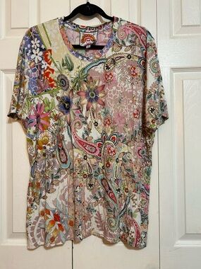 Johnny Was Multicolor Floral Paisley Short Sleeve Blouse - Pink, Green, Blue